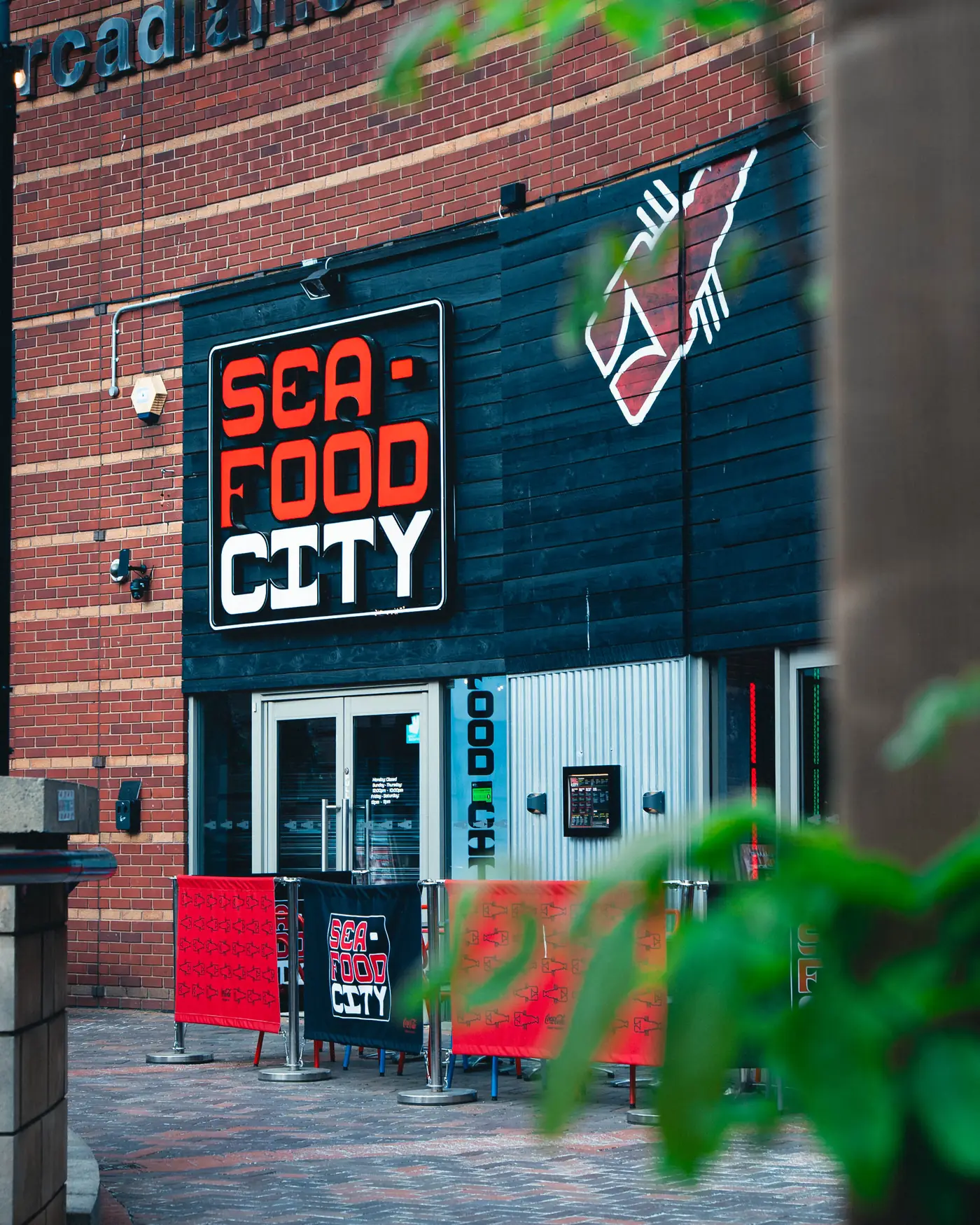 Seafood City Birmingham exterior at the Arcadian Centre, Hurst Street — upper-level Louisiana seafood boil restaurant opposite Birmingham Hippodrome, B5 4TD